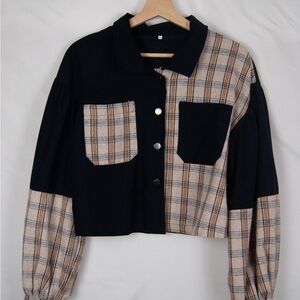 Plaid and Black Button-Up Cropped Jacket perfect for fall season 🍁